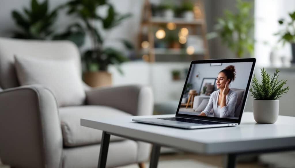 A cozy, well-lit living room features a laptop on a white coffee table, displaying a woman engaged in a virtual session.