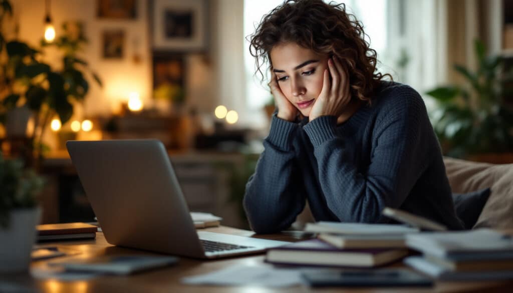 A young woman sits at a wooden table, resting her face in her hands while looking at her laptop
