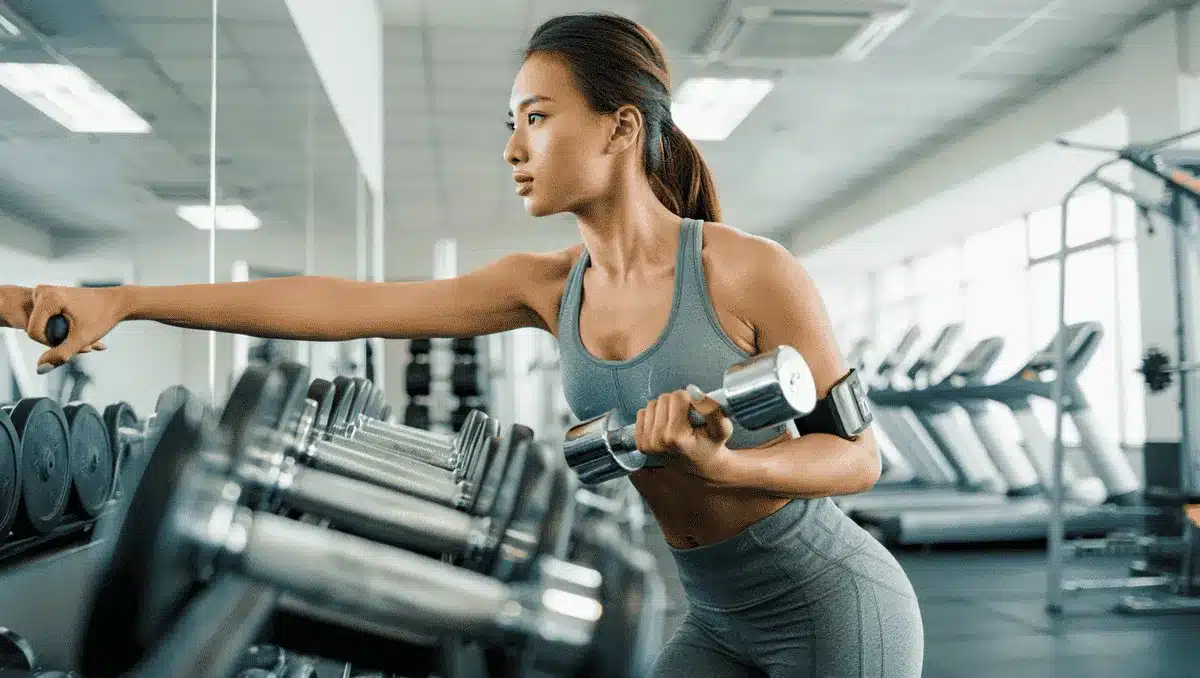 Focused young woman lifting weights at a gym, illustrating the role of motivation and fitness in the mind-body weight loss journey.