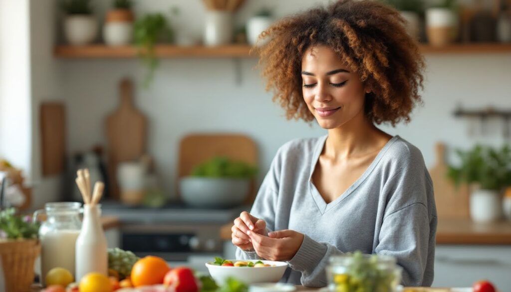 Smiling young woman preparing a healthy meal in a bright kitchen, representing mindful eating and positive food relationships.