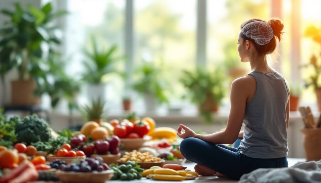 Young woman meditating peacefully among a colorful variety of fruits and vegetables, symbolizing the mind-body connection and healthy eating habits.
