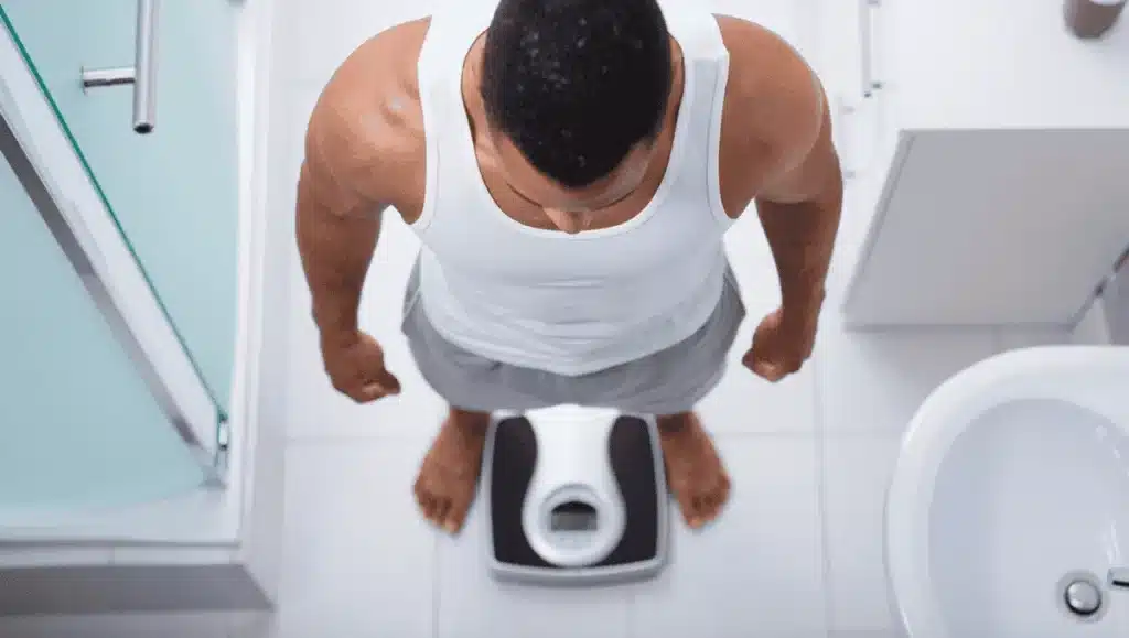 Man standing on a bathroom scale, looking down at his weight, emphasizing personal progress and goal-setting in a weight loss journey.