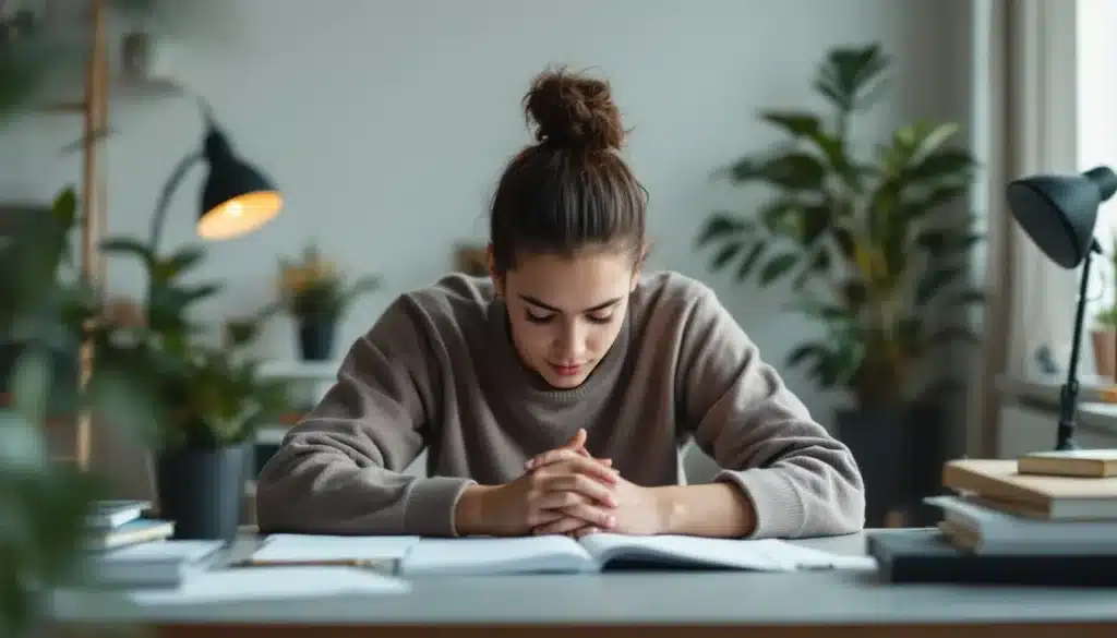 A student sits at a desk with hands clasped and head lowered, deeply focused on an open book. The setting reflects concentrated effort, ideal for discussing how hypnosis can enhance focus during study sessions.