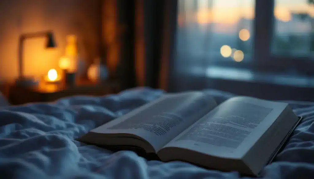 Open book resting on a rumpled bedspread in a softly lit bedroom at dusk, evoking a peaceful bedtime ritual ideal for winding down from insomnia.