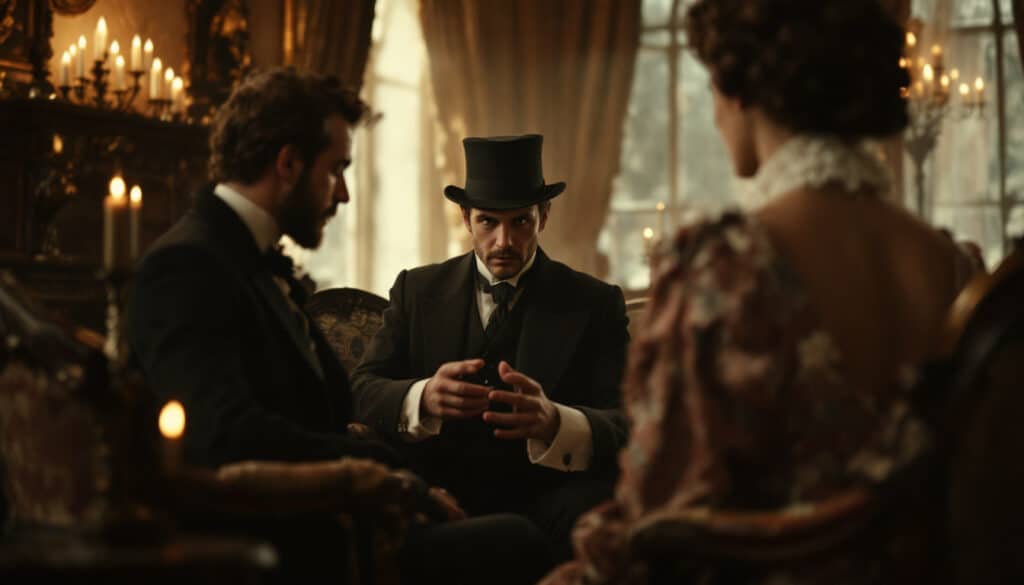 A man in Victorian attire conducts a private hypnosis session with two other individuals in an elegant parlor setting. The image portrays how hypnosis began to shift from mystical performance to therapeutic practice in the 19th century.