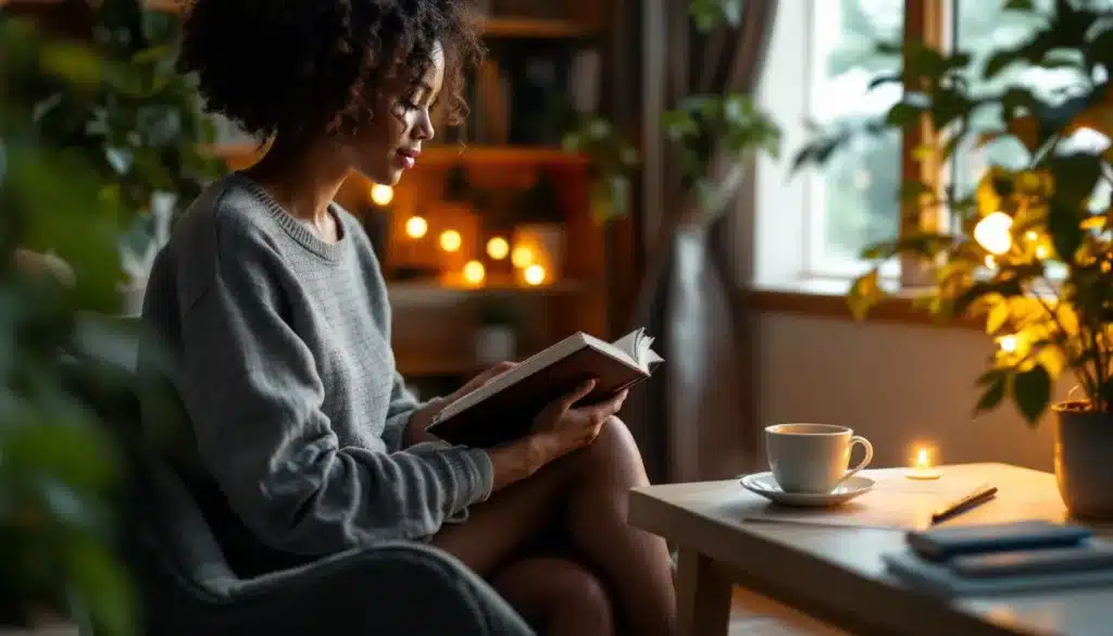 Woman sitting in a cozy chair reading by candlelight with a cup of tea nearby, capturing a serene nighttime routine that supports relaxation and sleep preparation, potentially enhanced by hypnosis.