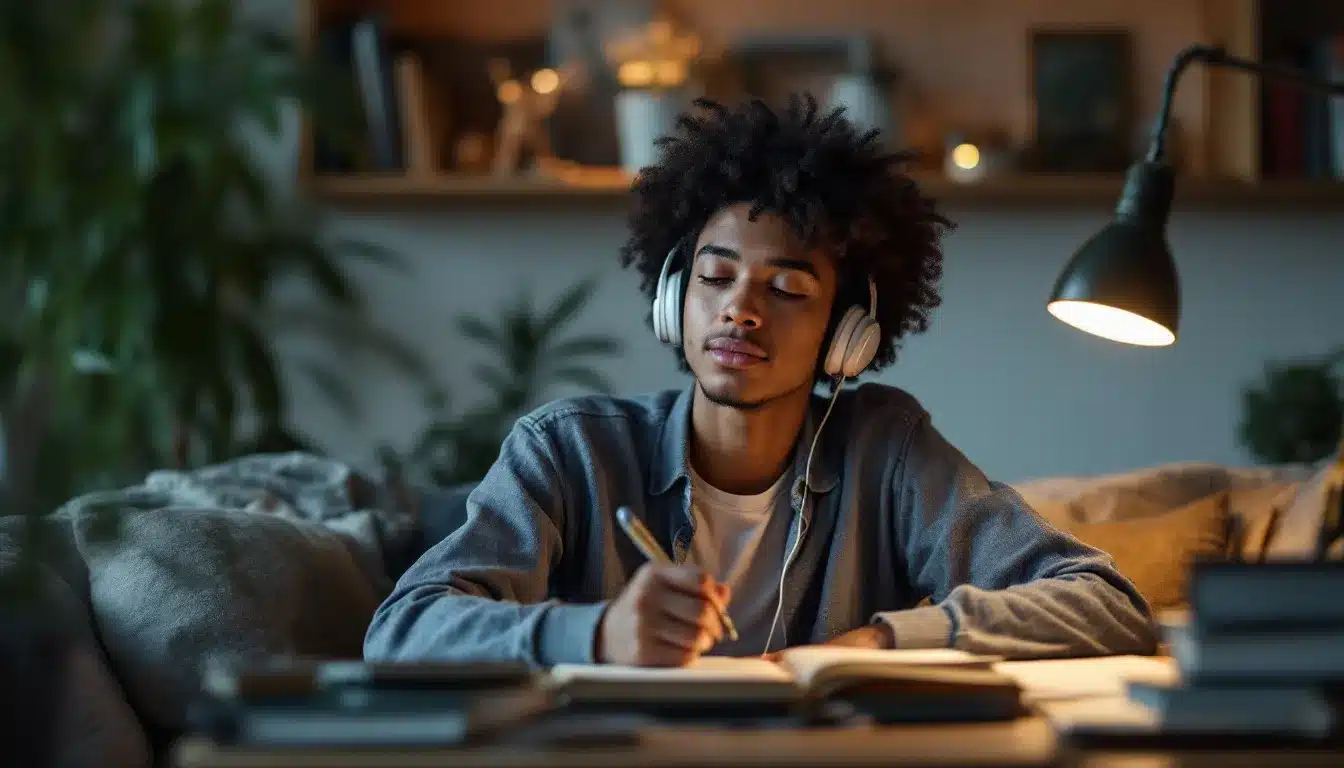 A student wearing headphones writes in a notebook under warm lamplight, eyes gently closed in concentration. This scene suggests the use of audio hypnosis sessions to improve study habits and mindfulness.