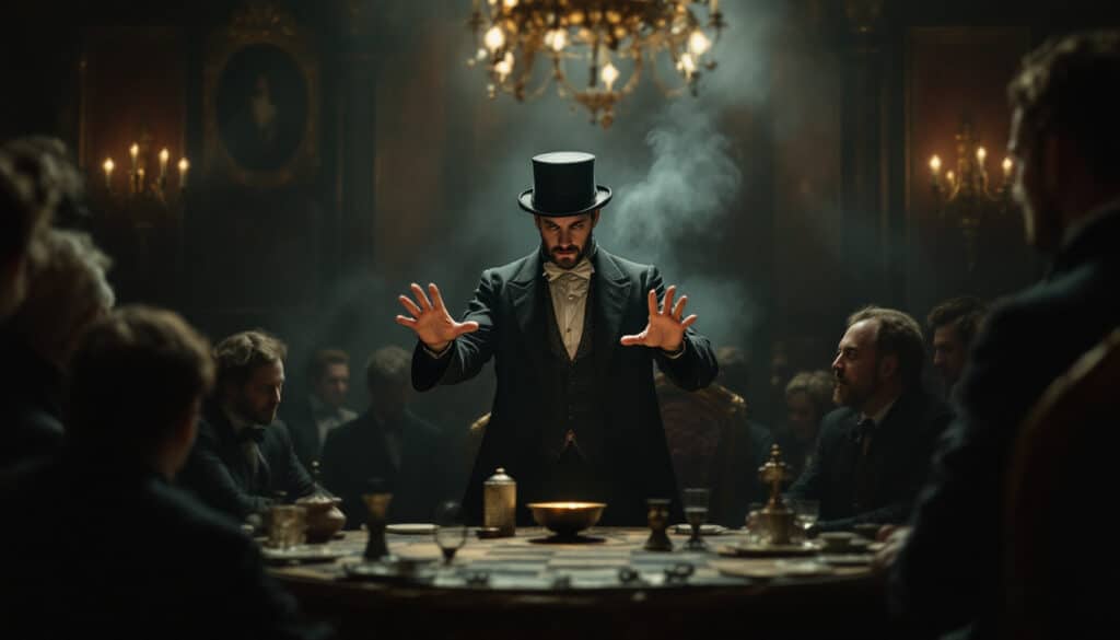 A dramatic Victorian-style hypnotist in a top hat gestures toward a captivated audience in a candlelit room. This image reflects 18th-century mesmerism, a precursor to modern hypnotherapy and a key moment in hypnosis history.