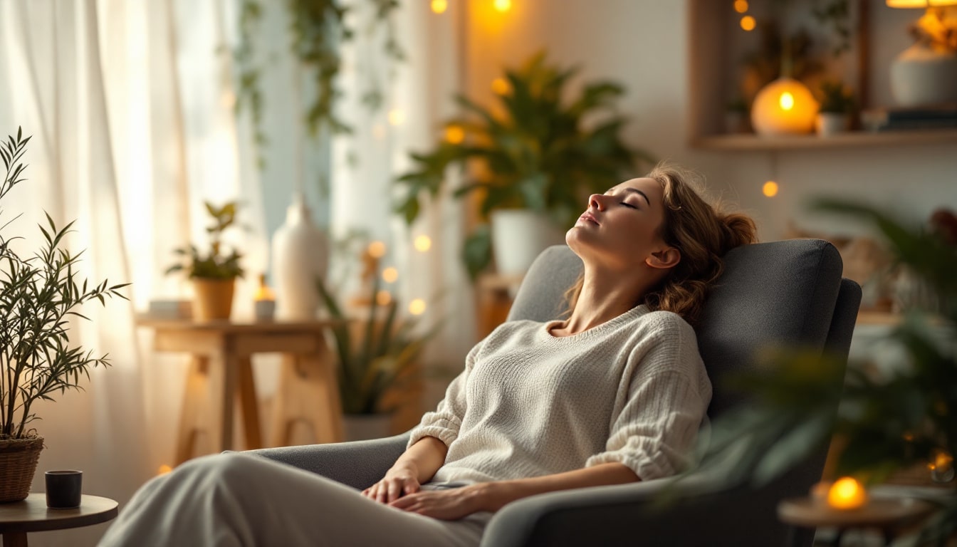 A woman reclines in a comfortable chair, eyes closed, surrounded by warm lighting and houseplants. This serene setting illustrates how hypnosis is used today for relaxation and mental health support in calming environments.