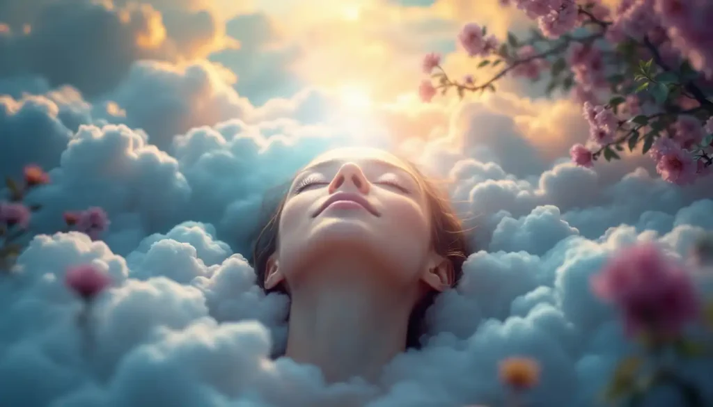 A serene woman’s face emerges peacefully from soft clouds under a glowing sky, surrounded by cherry blossoms. This dreamlike scene visually represents the calming, elevated mental state often associated with hypnosis and meditation in wellness practices.