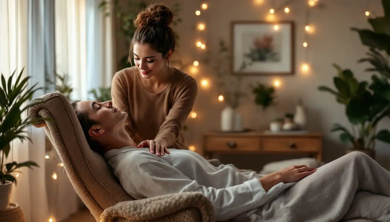 A woman lies back in a cozy chair with eyes closed while a practitioner gently guides her through a hypnotherapy session in a softly lit, plant-filled room. The warm, tranquil environment illustrates how hypnosis is being embraced as a modern wellness tool.