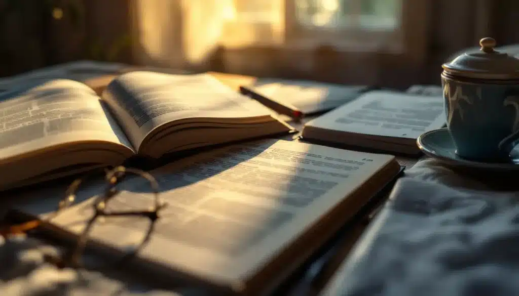 Open books, a pen, eyeglasses, and a cup of tea sit on a warmly lit table near a window. This calming setup represents the ideal study environment for pairing with guided hypnosis for academic focus.
