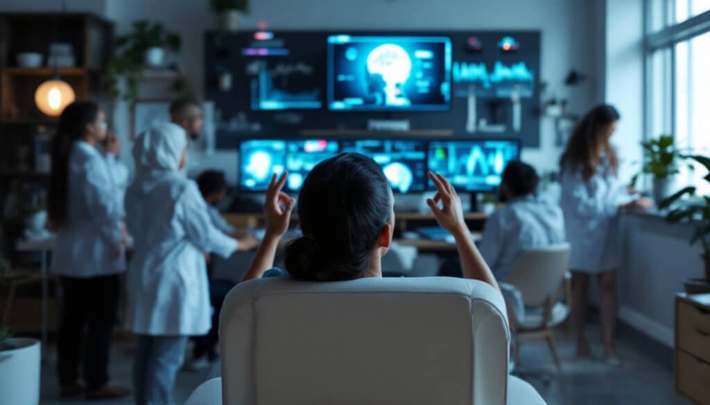 A team of scientists in a high-tech lab studies brain scans and neurological data on large monitors. This image represents modern research validating the effects of hypnosis through neuroscience and brain activity analysis.