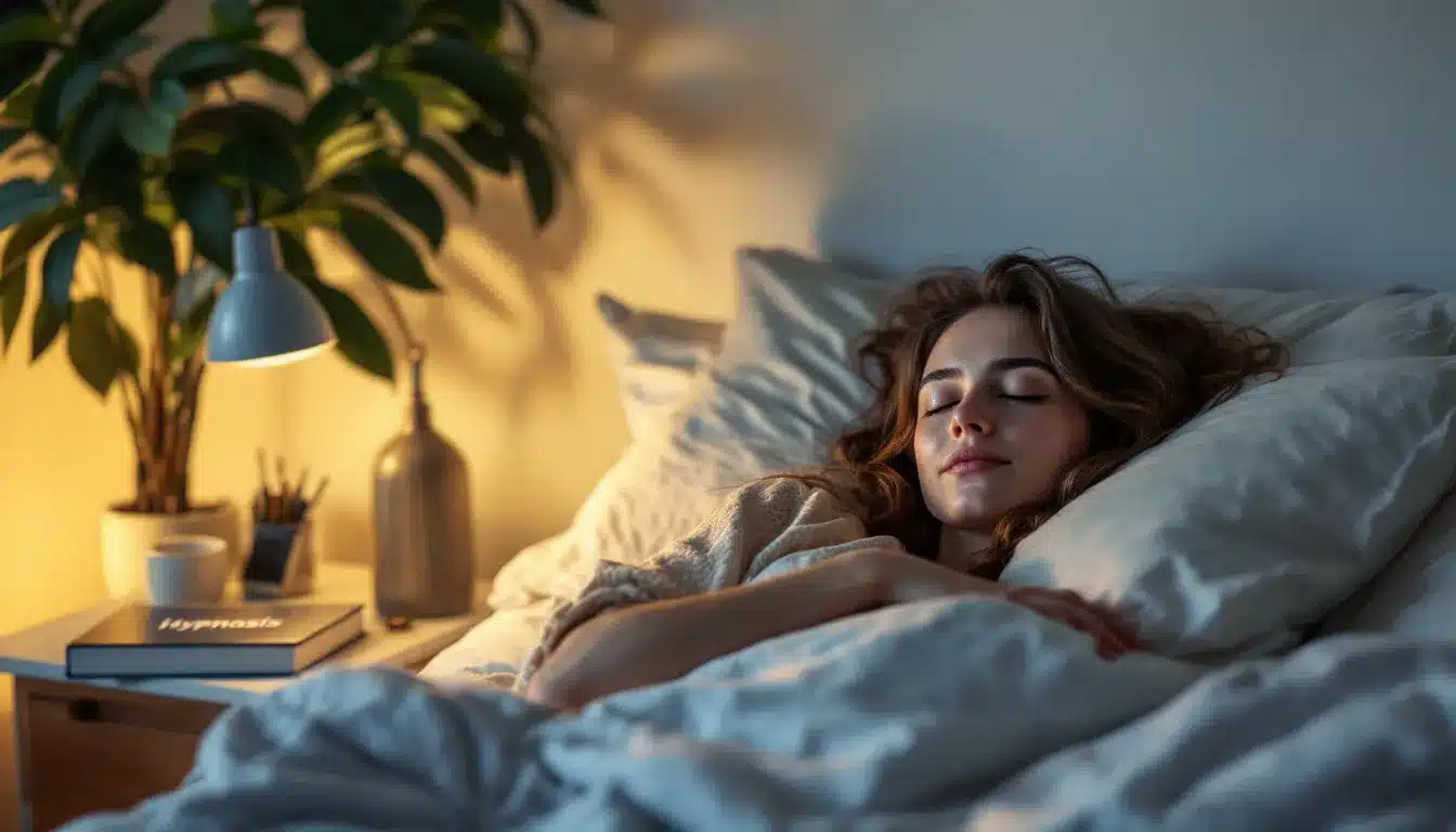 Woman sleeping peacefully in a cozy bed, with a book titled “Hypnosis” on the nightstand beside a warm lamp—symbolizing the calming effects of hypnotherapy for insomnia.