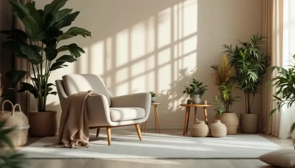 Bright, tranquil therapy room with armchair and houseplants, depicting a peaceful setting for virtual or in-person hypnosis sessions