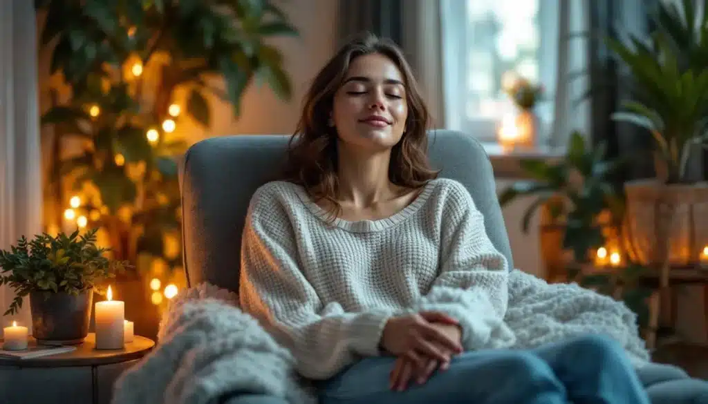 Woman relaxing in a cozy indoor space with eyes closed and soft candlelight, representing a calming hypnotherapy session
