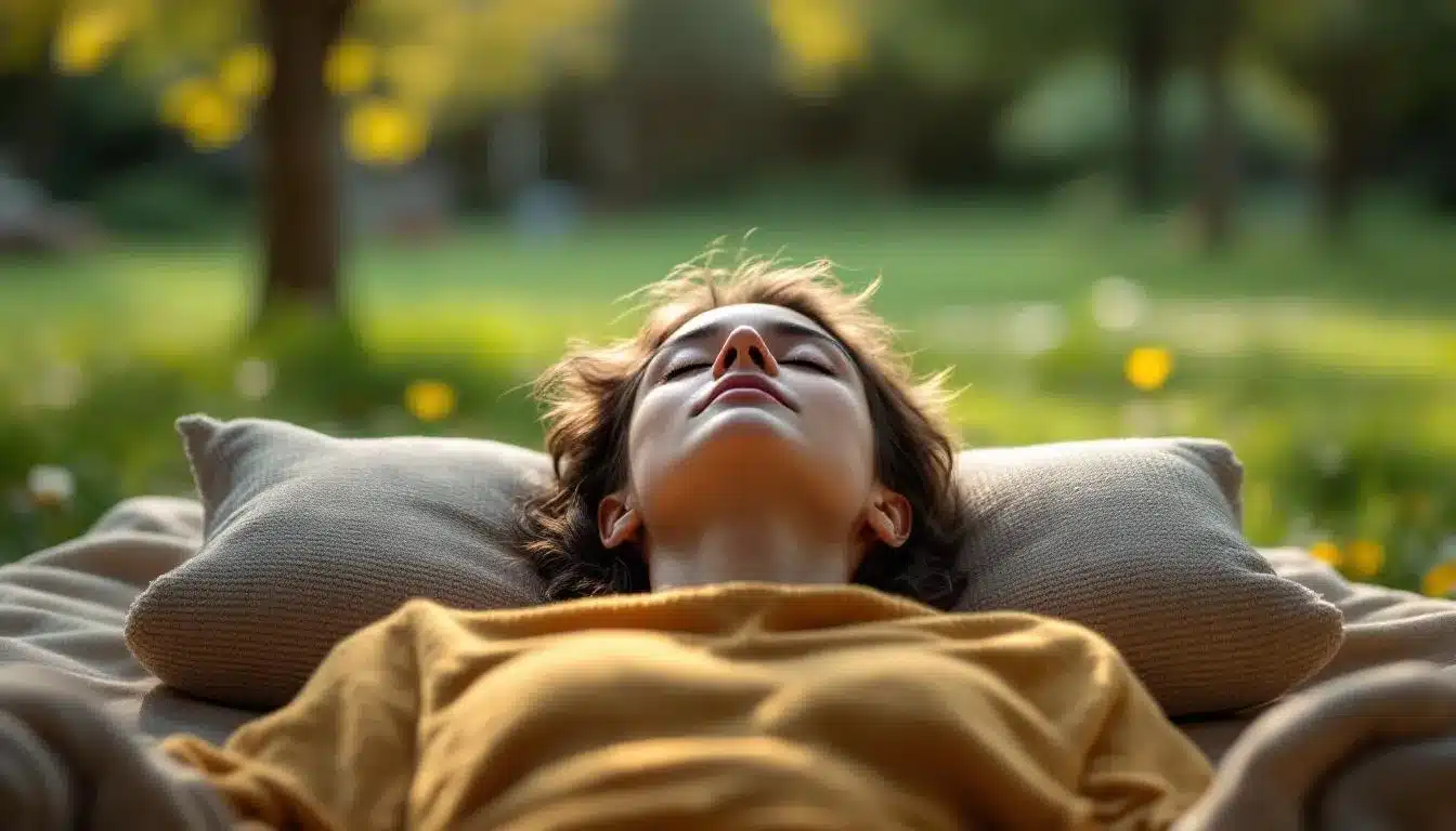 Woman lying peacefully outdoors with eyes closed, symbolizing deep relaxation and mental clarity through hypnosis