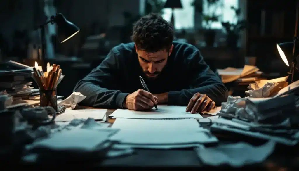 A man sits at a cluttered desk, intensely focused as he writes on a sheet of paper surrounded by crumpled drafts and scattered notes. The image captures the mental pressure and frustration often associated with writer’s block.