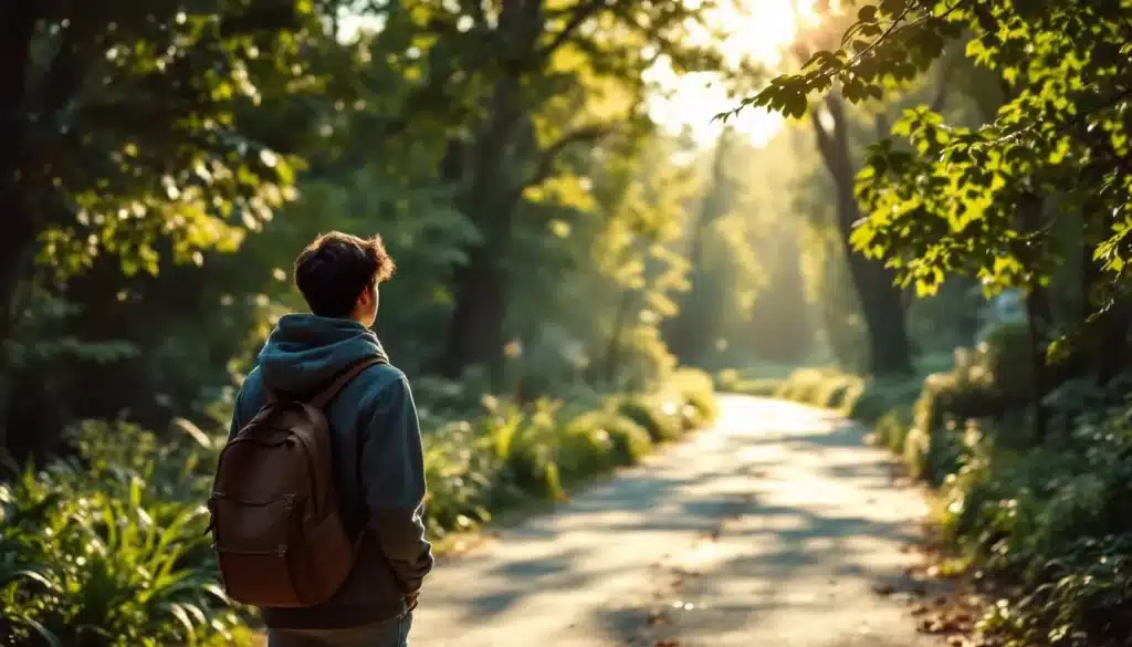 Student walking alone on a sunlit path through the trees, symbolizing a personal journey of growth and overcoming social anxiety
