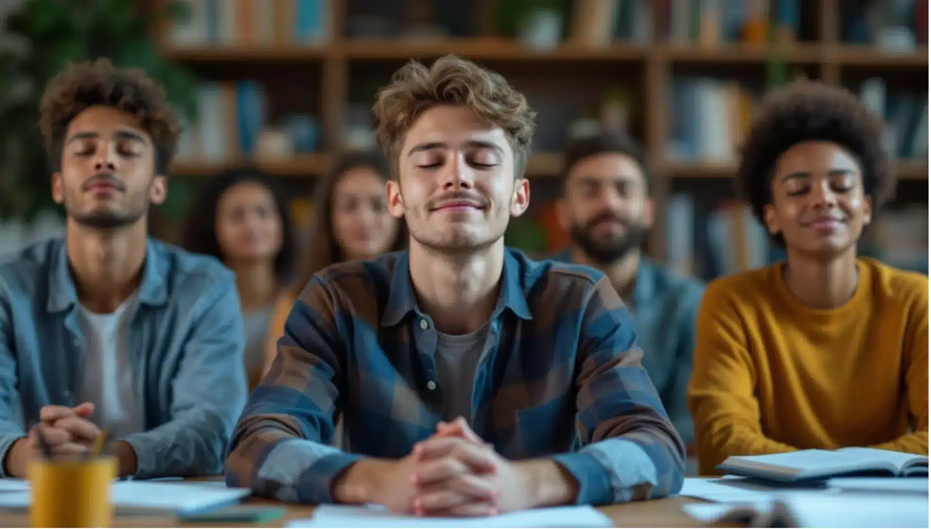 A group of students sits with eyes closed and calm expressions in a classroom, practicing a group relaxation or mindfulness exercise. This moment reflects how hypnosis or guided relaxation can ease social anxiety and build focus within a study group setting.