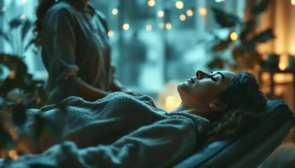 A woman lies peacefully on a lounge chair with eyes closed in a softly lit room, while a hypnotherapist stands nearby. The calming scene represents how hypnotherapy can support creative breakthroughs and reduce writing-related anxiety.